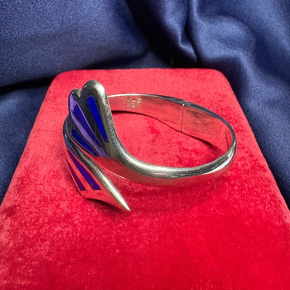 Cuff Bracelet*Southwestern 950 TAXCO Sterling Silver Blue Enamel Accents Vintage - Picture 3 of 7